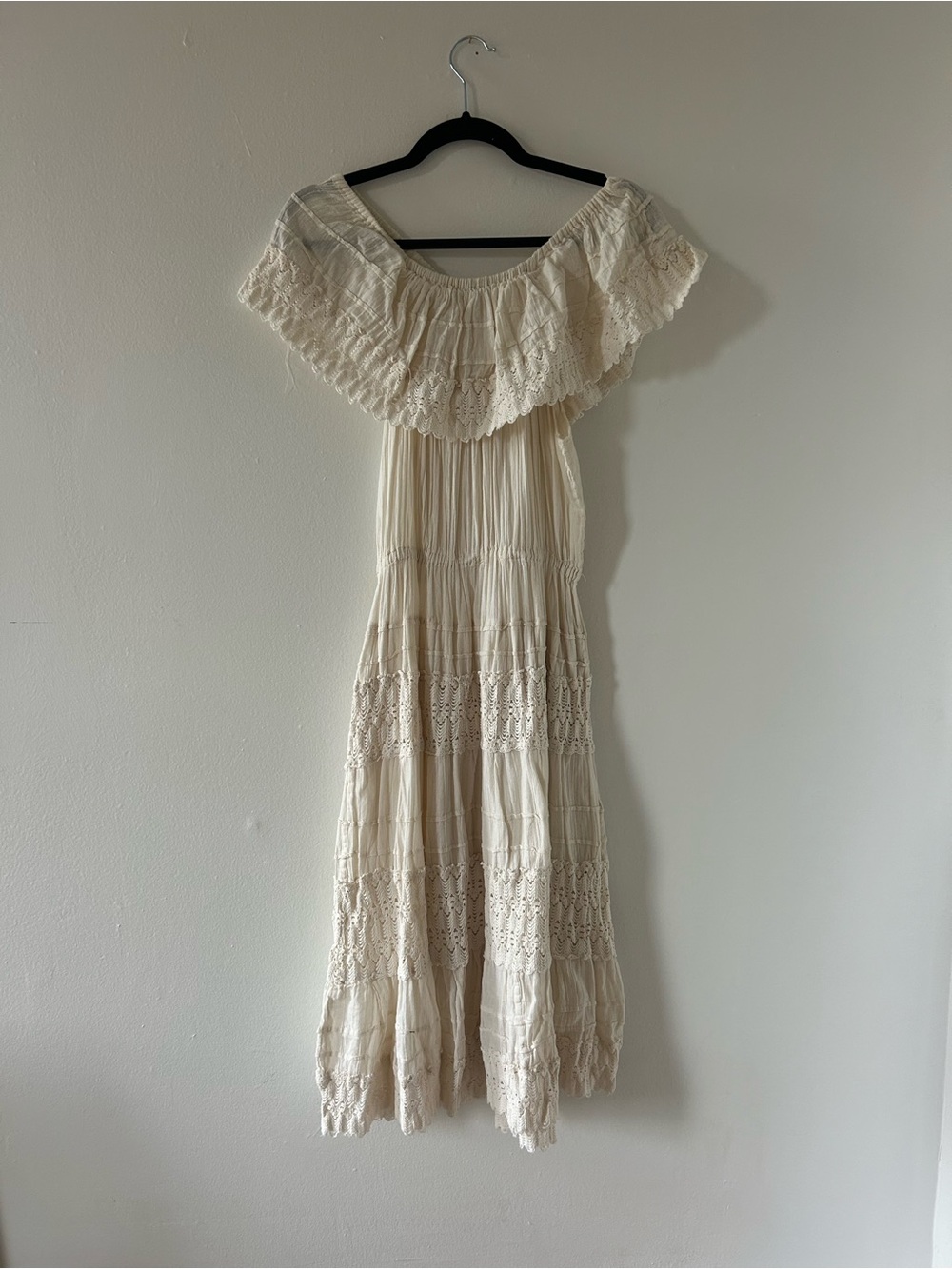 Bohemian Vintage Off-Shoulder Lacy Cotton Maxi Dress in Cream
